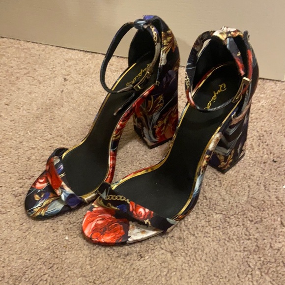 Satin Floral Single Band Ankle Strap Block Heels - Picture 3 of 6